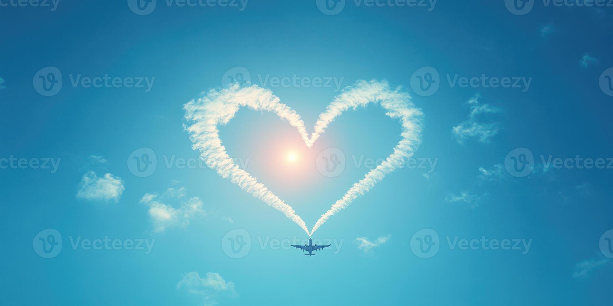 Heart shape created by airplane contrails against a clear blue sky with the sun shining bright overhead photo
