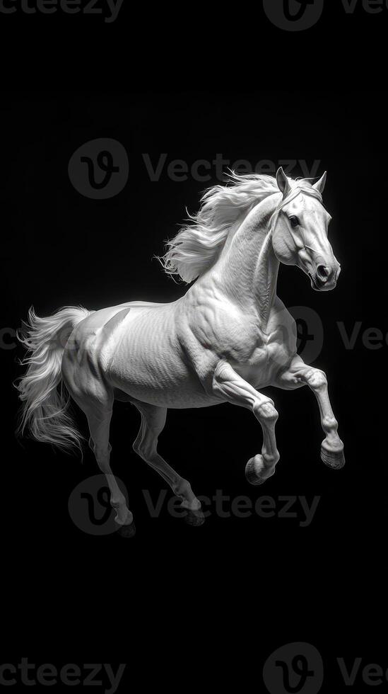 Majestic white horse leaps gracefully against a dark background, showcasing strength and elegance in a dramatic pose photo