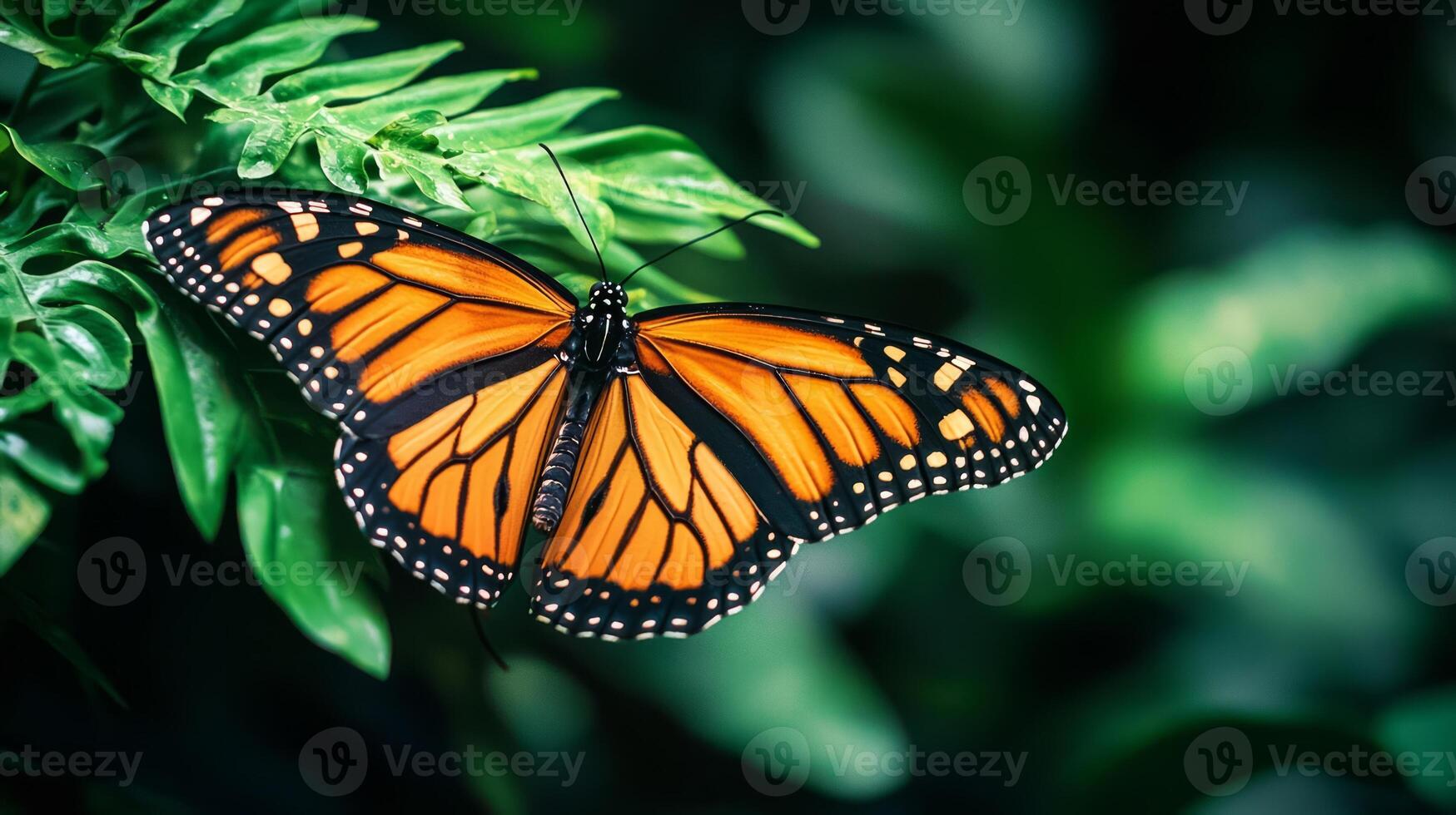 A monarch butterfly is sitting on a green plant photo