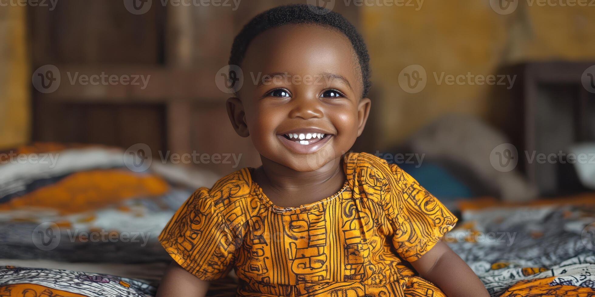Happy child smiles brightly while sitting on colorful bedding in a cozy indoor space during the daytime photo