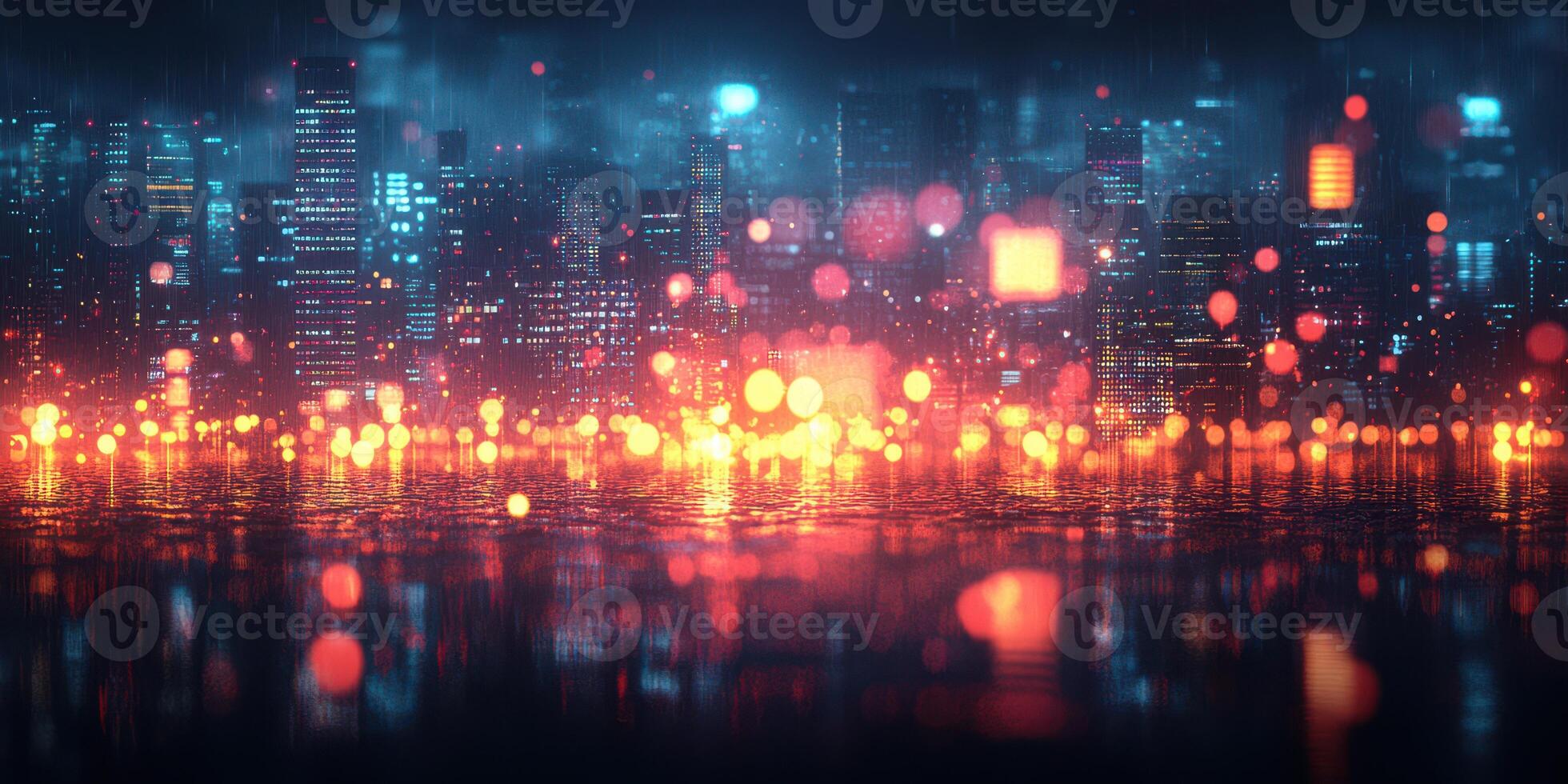 City skyline illuminated at night with reflections on the water and vibrant lights creating an atmospheric scene photo
