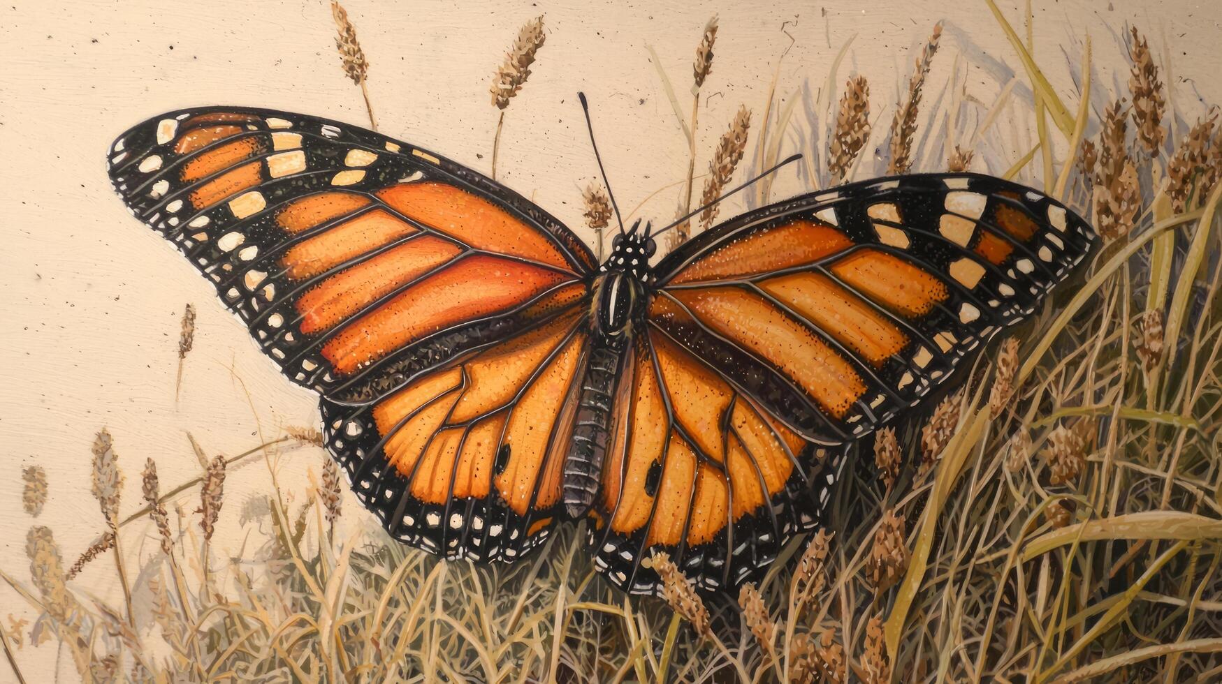 A painting of a monarch butterfly on a field of grass photo