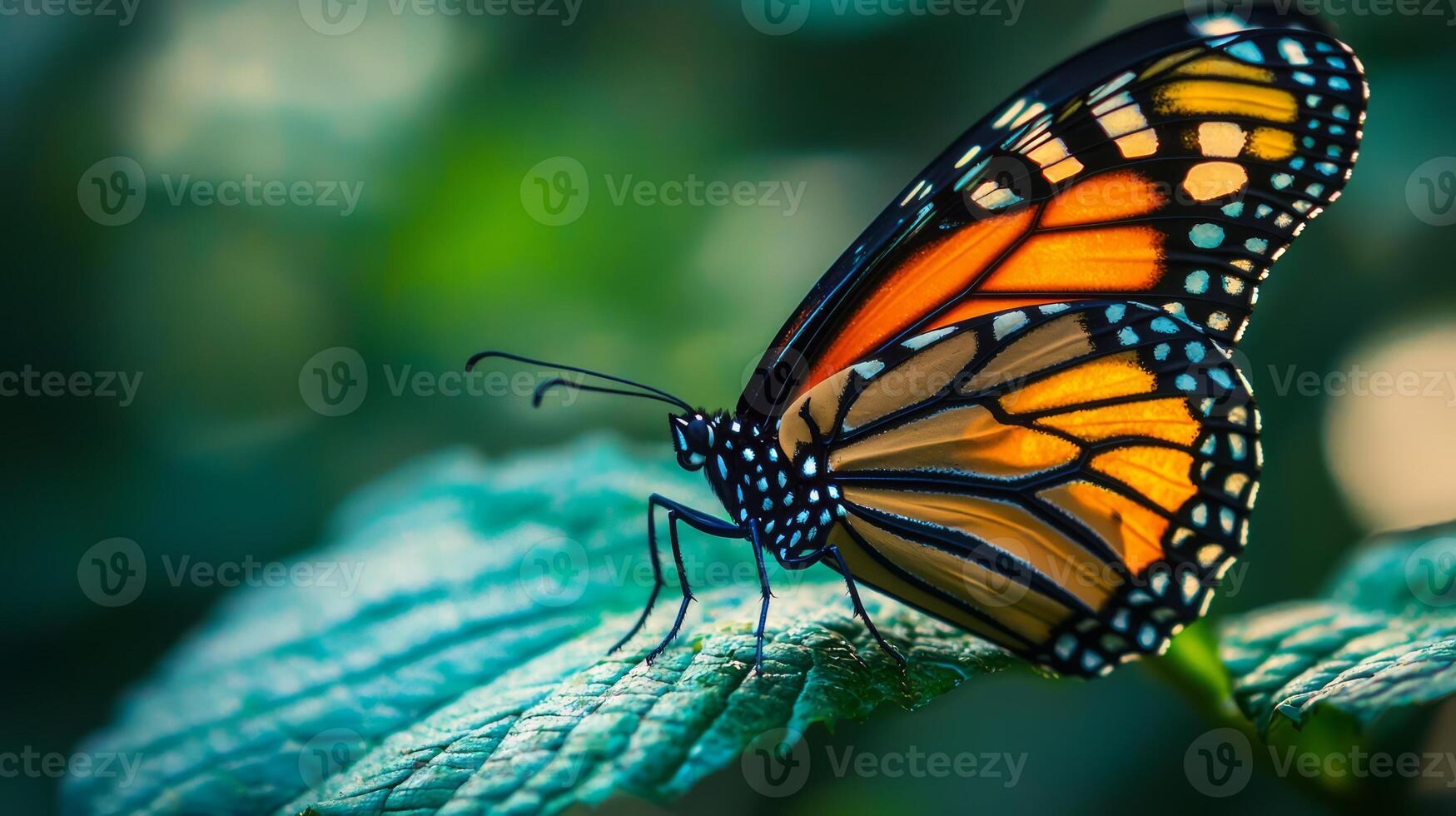 A monarch butterfly is sitting on a leaf photo