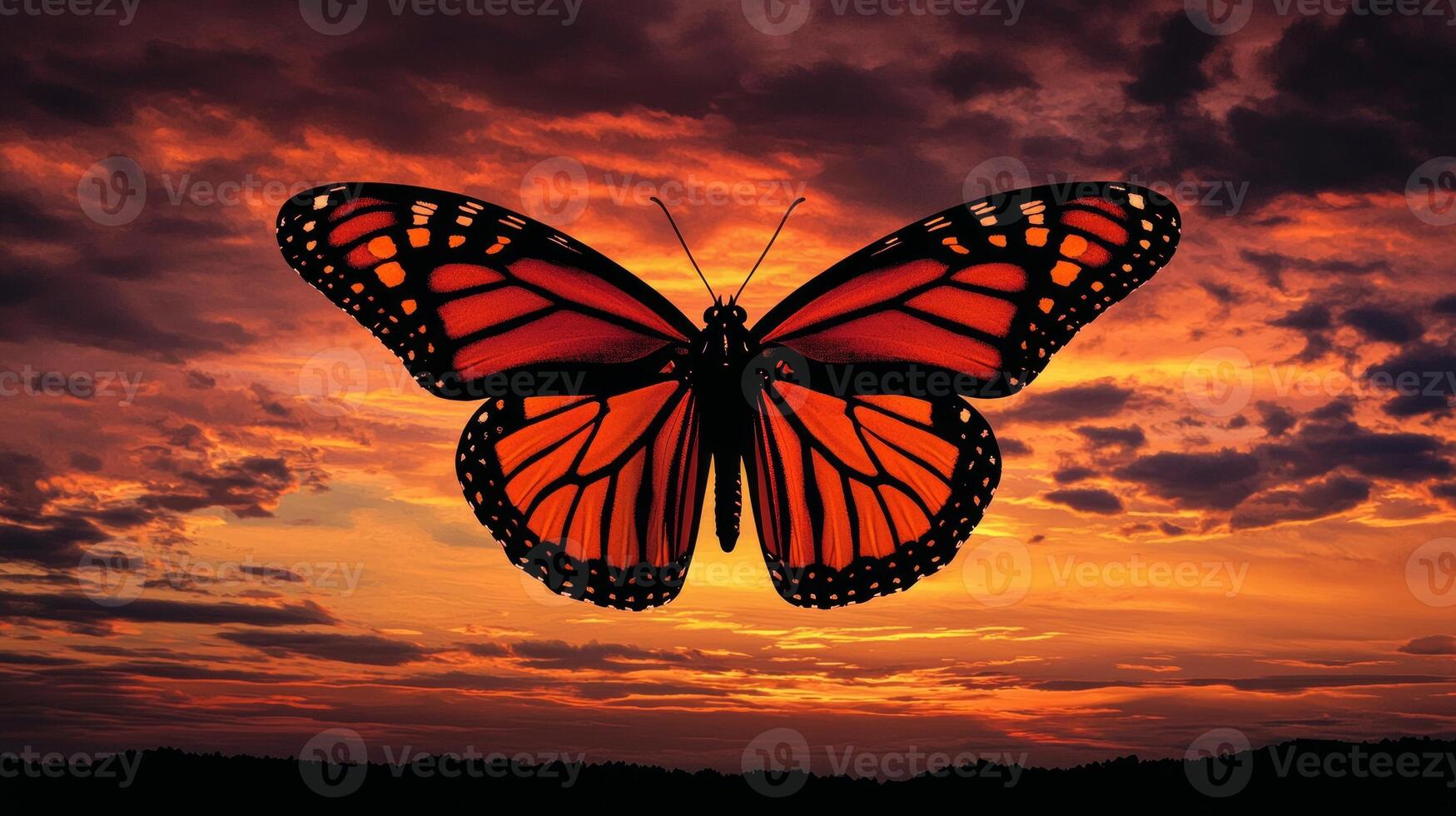A monarch butterfly is flying in the sky at sunset photo