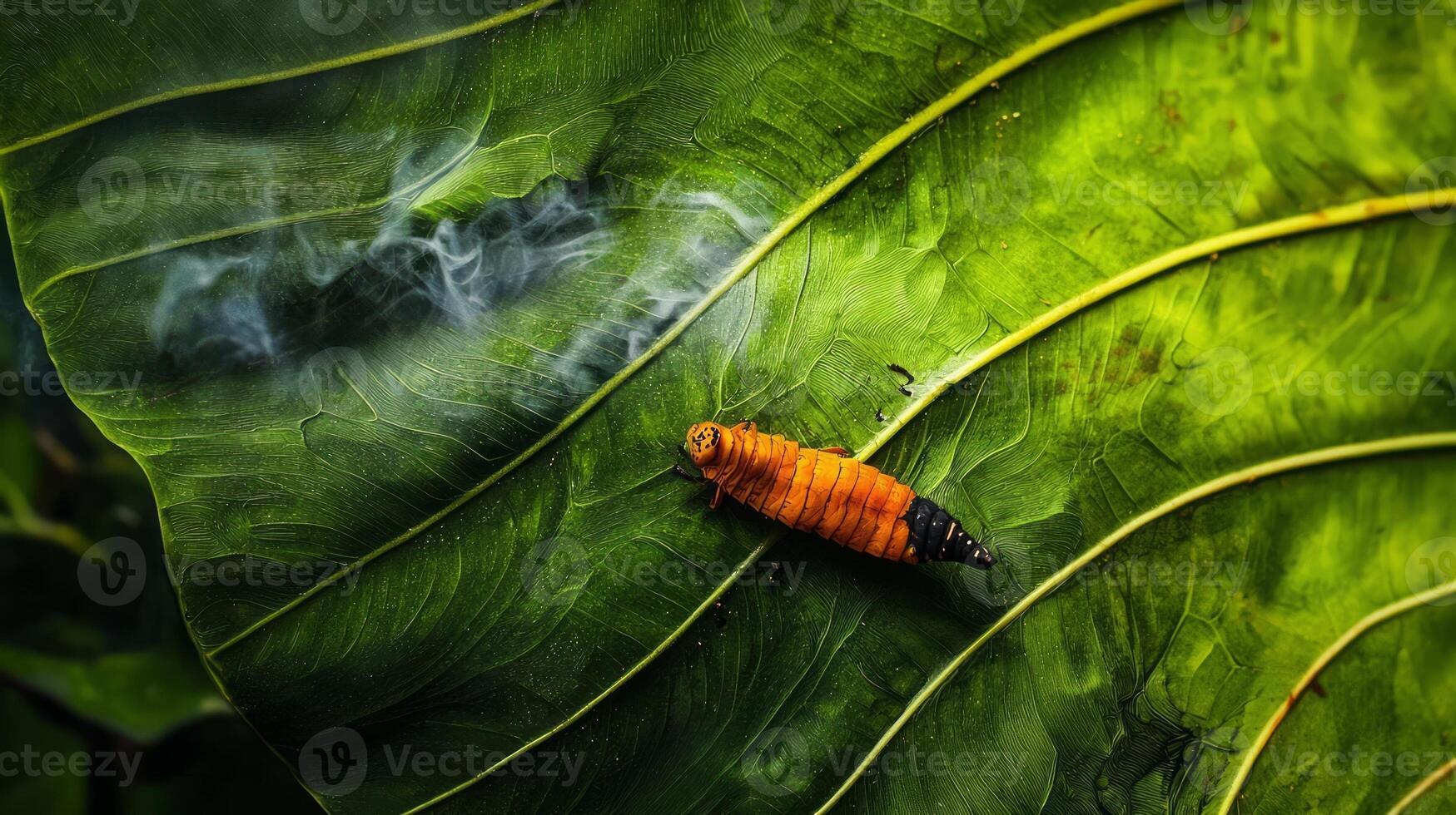 A caterpillar on a leaf with smoke coming out of it photo