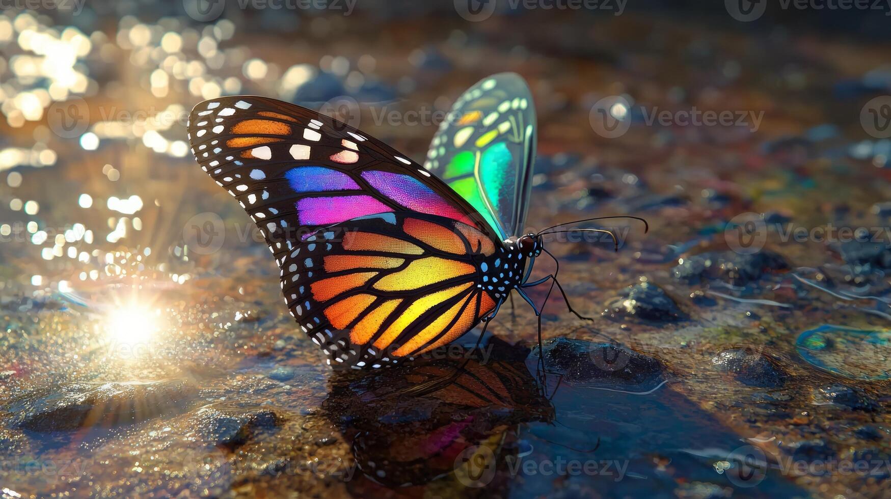 A butterfly with a rainbow on its wings photo
