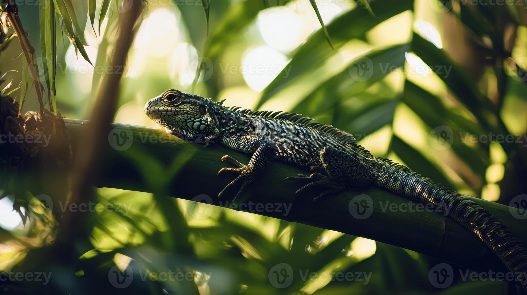 An iguana is sitting on a branch in the jungle photo