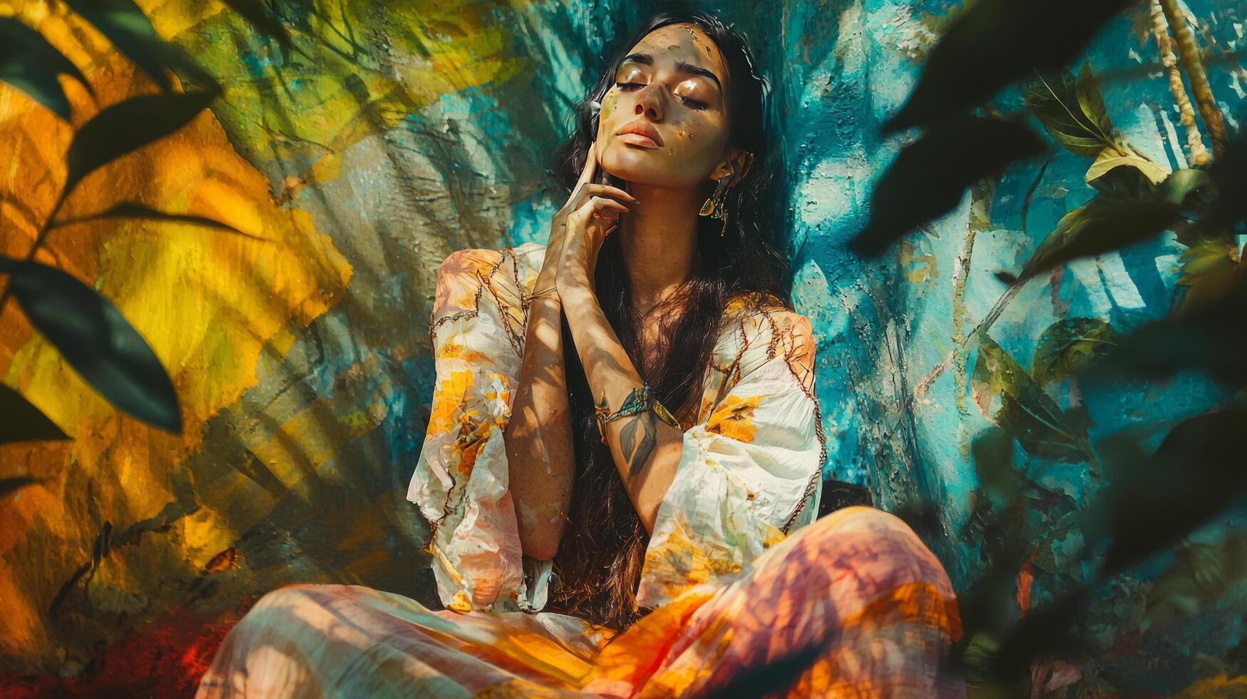 A woman in a colorful dress sitting on a tree photo