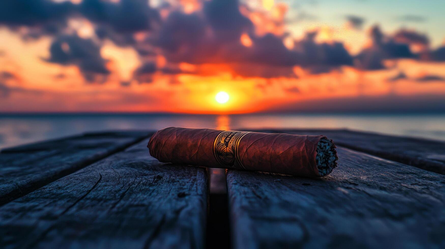 A cigar laying on a wooden table with the sun setting in the background photo