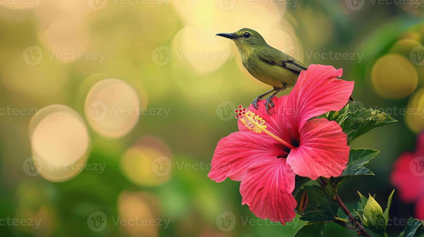 A bird is perched on a pink flower photo