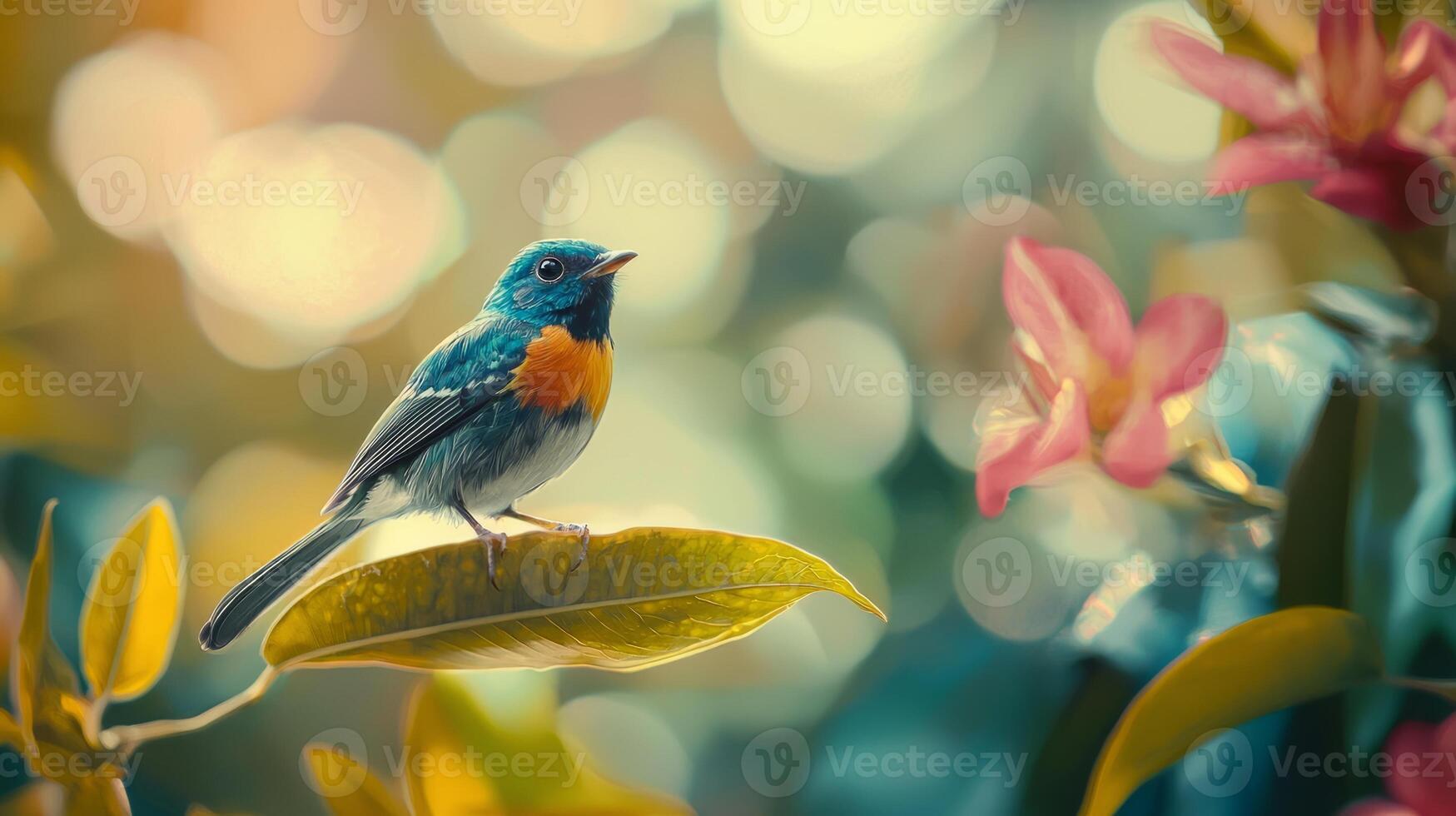 A bird is perched on a branch with flowers photo