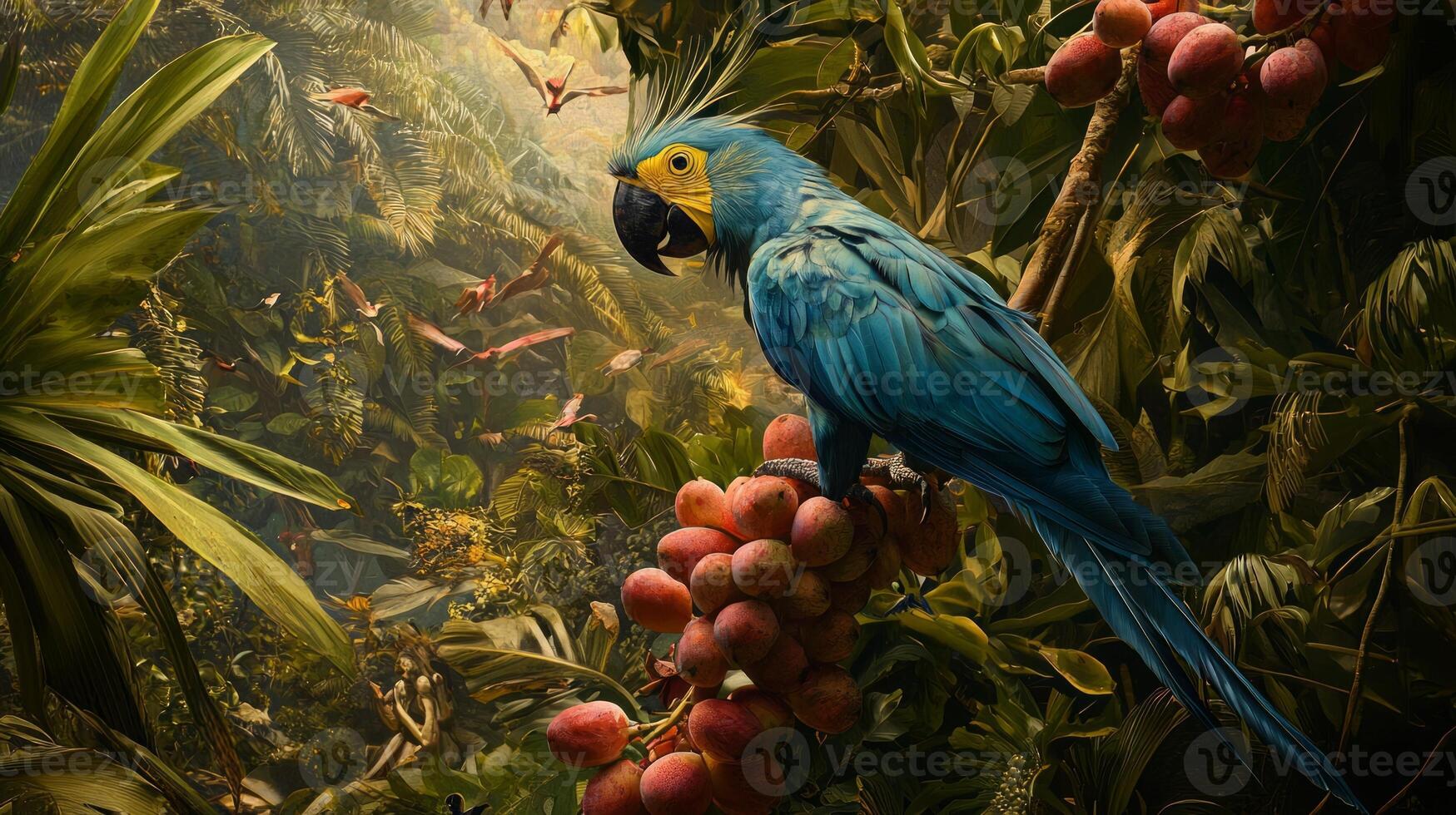 A blue parrot sits on a branch in the jungle photo