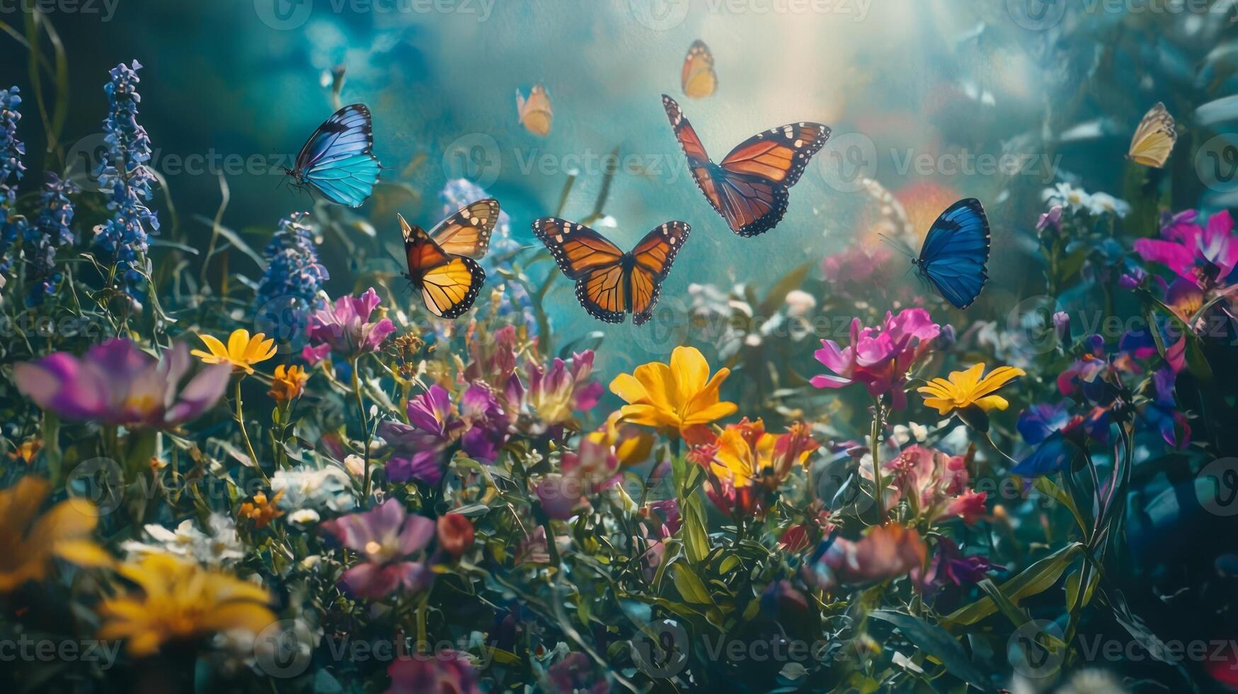 Butterflies flying over a field of flowers photo