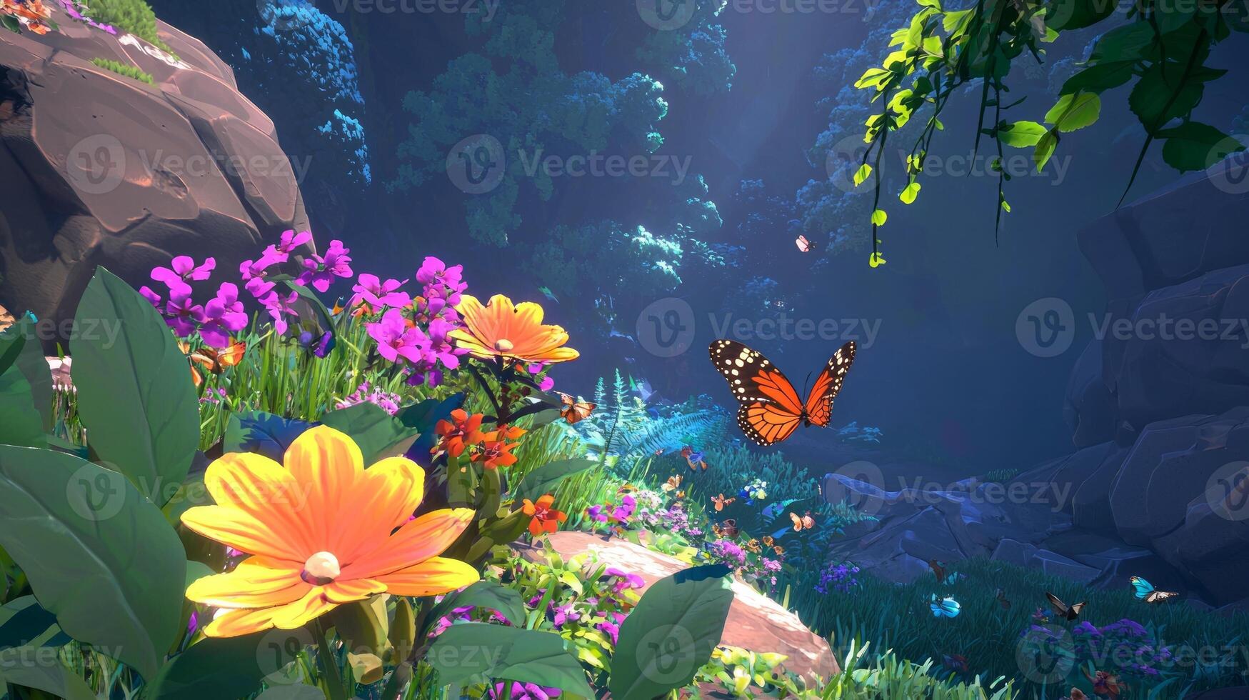 A scene from the game, with butterflies flying over flowers photo