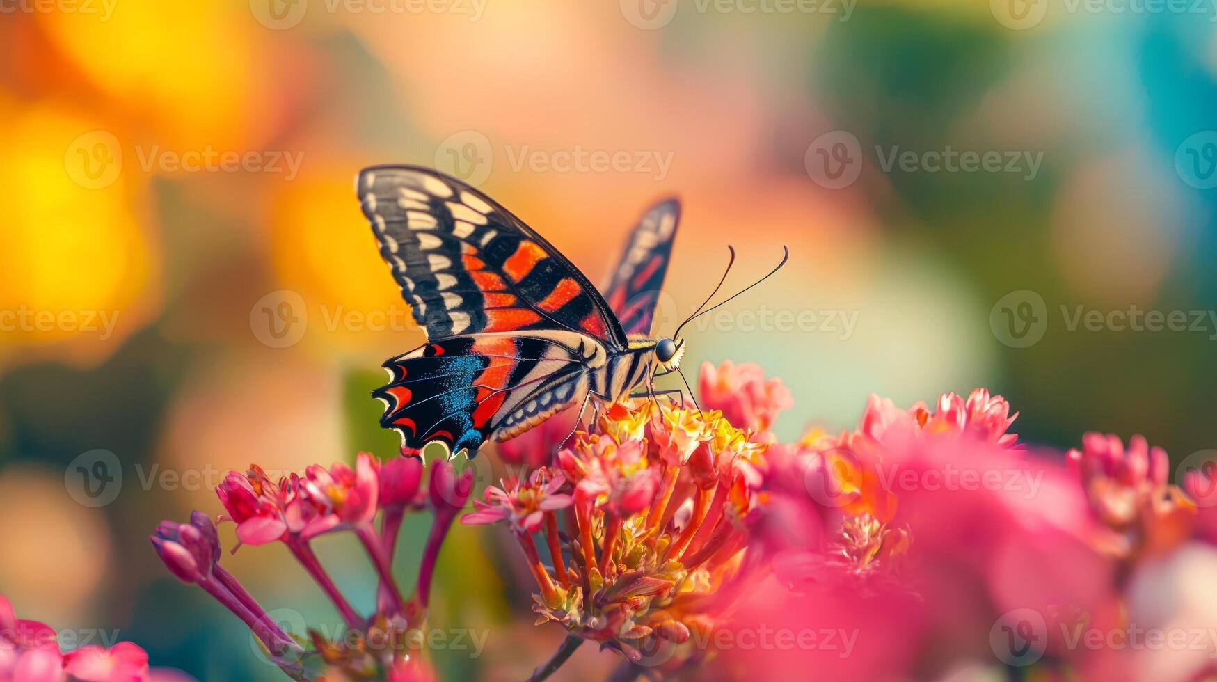 A red and black butterfly is sitting on some pink flowers photo