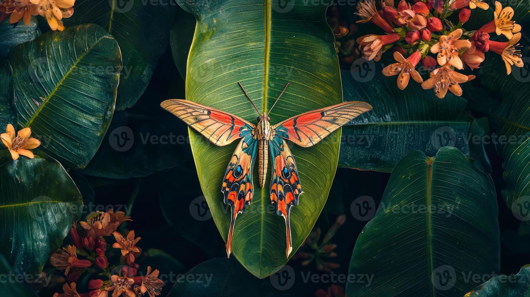 A colorful butterfly sits on a leaf in front of some flowers photo