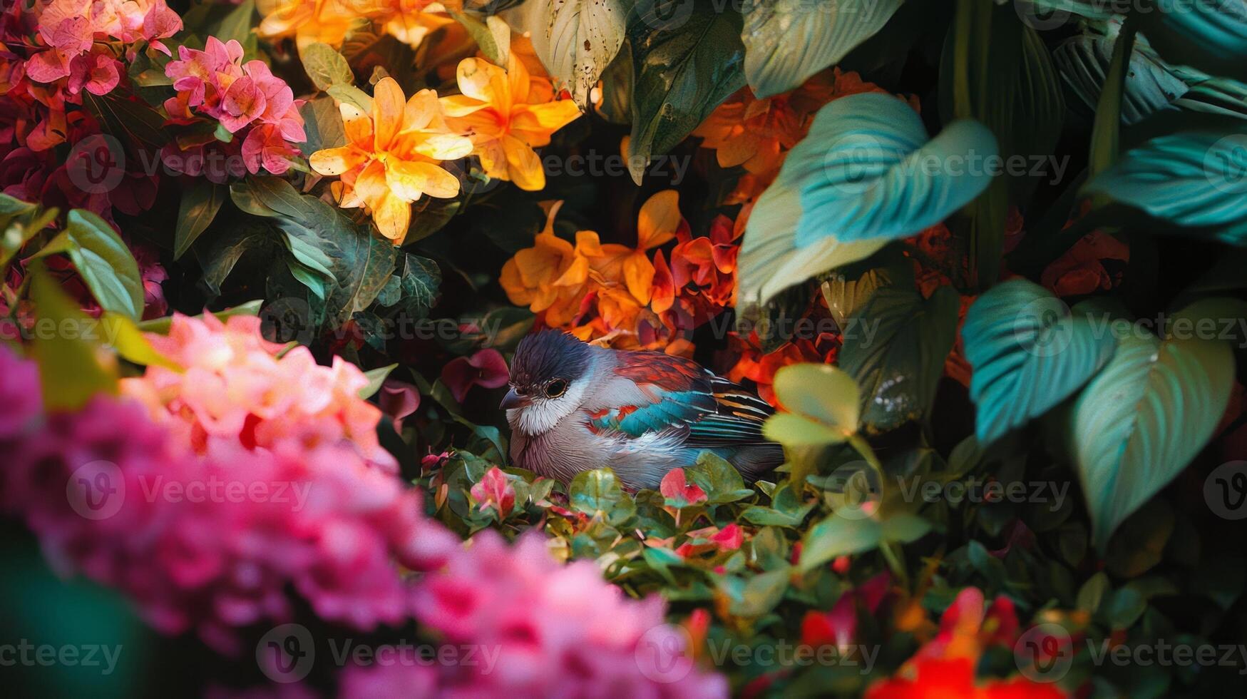 A bird is sitting in a flower garden photo