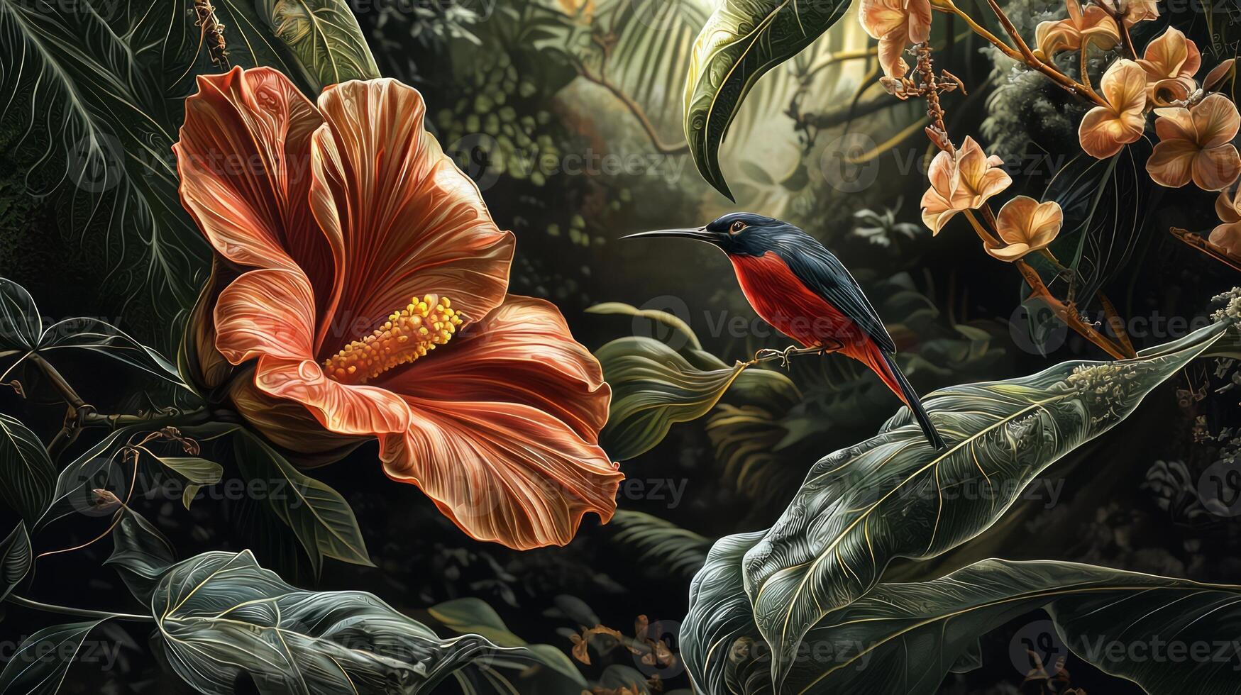 A painting of a bird and flower in the jungle photo