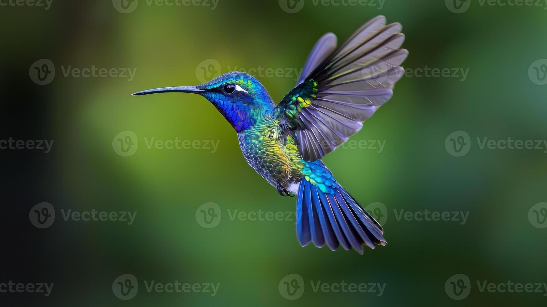 A hummingbird flying in the air with its wings spread photo