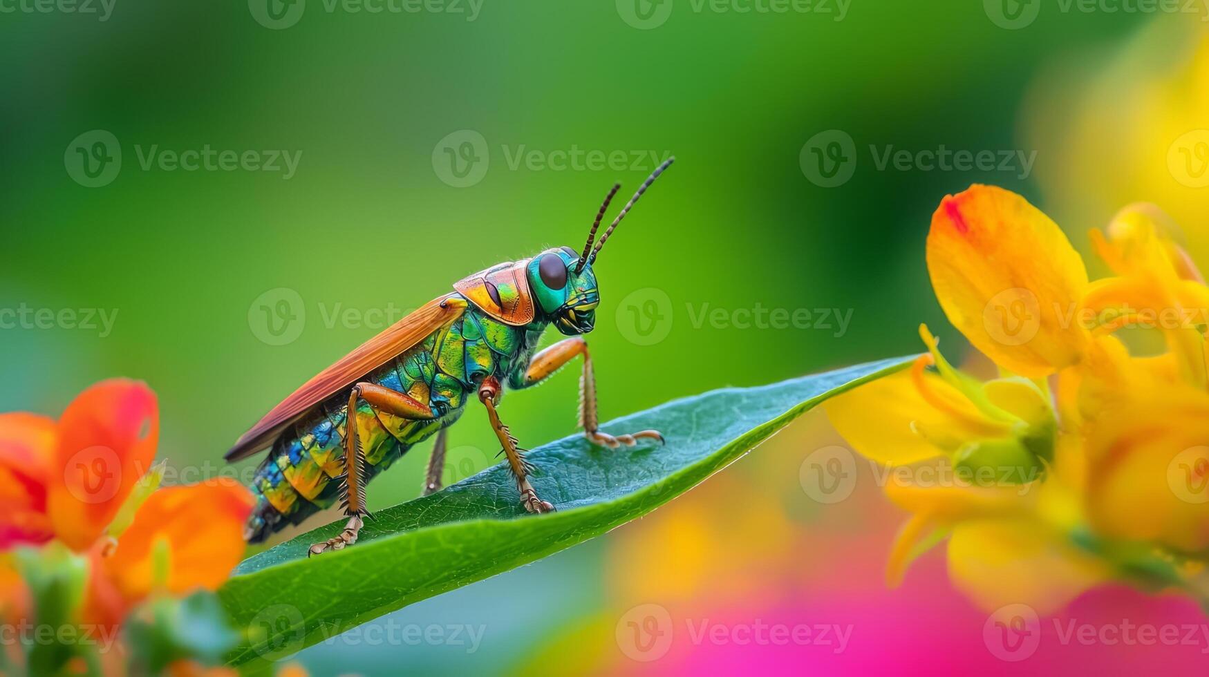 A grasshopper is sitting on a green leaf photo