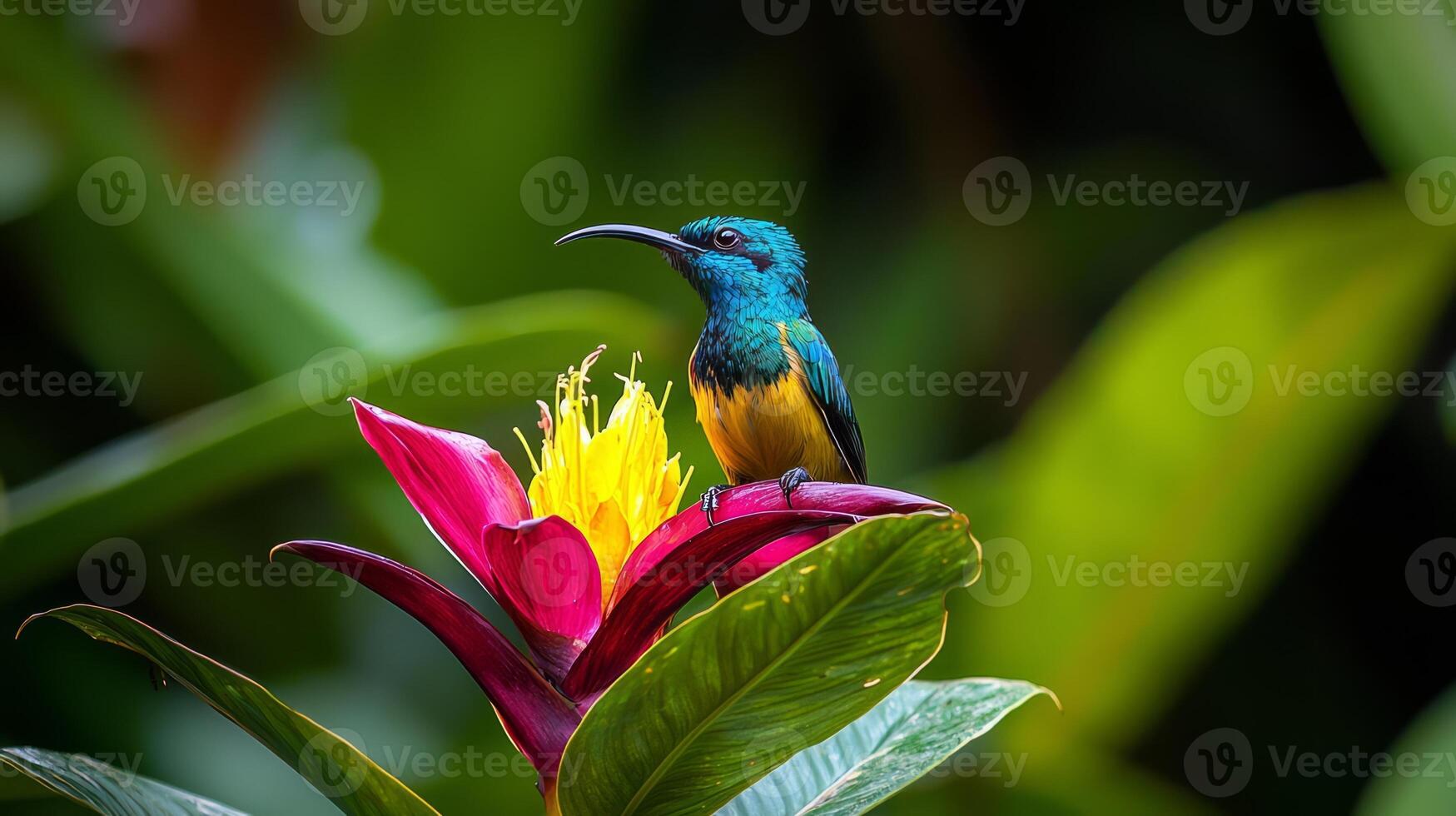A colorful bird sits on a flower in the jungle photo