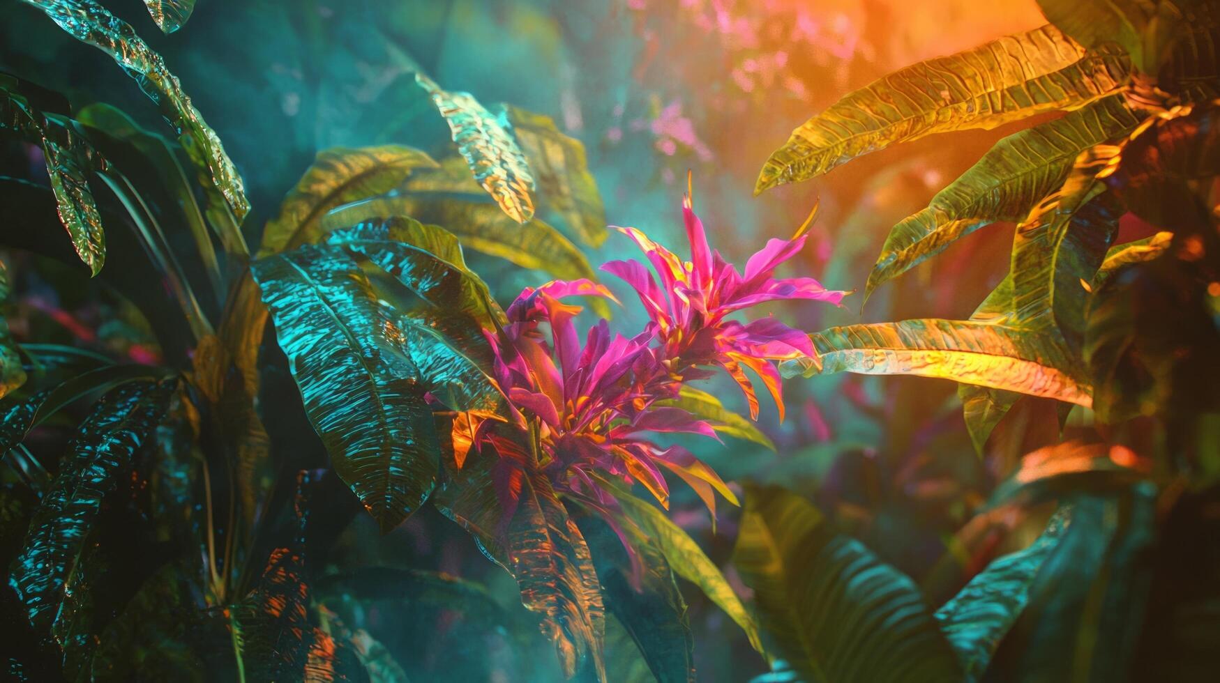 A tropical jungle with colorful flowers photo