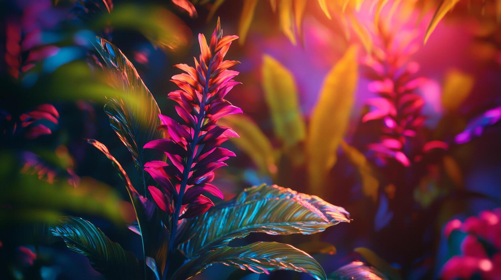 A colorful flower is in the middle of a dark forest photo