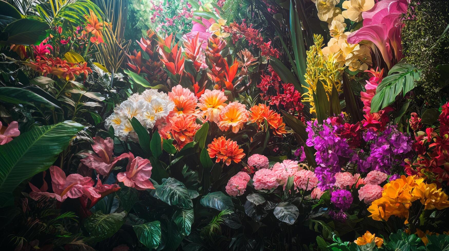 A large group of colorful flowers in a room photo