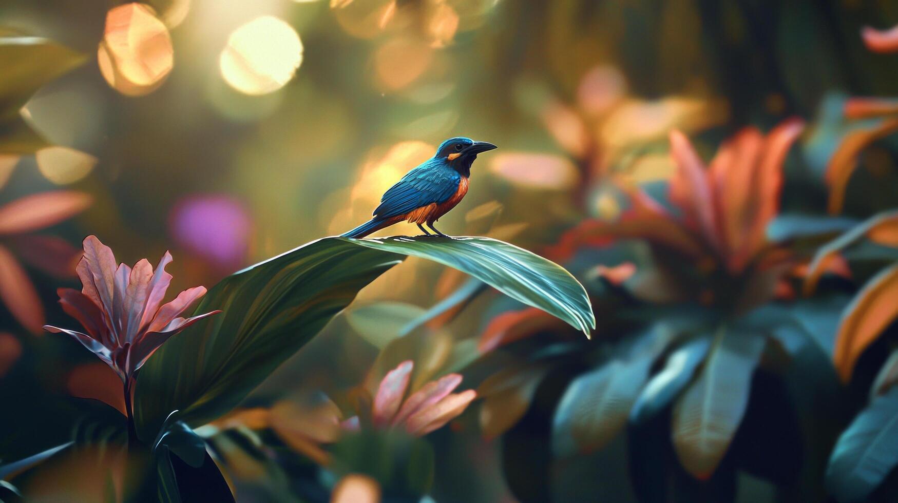 A bird is perched on a leaf in the middle of a jungle photo