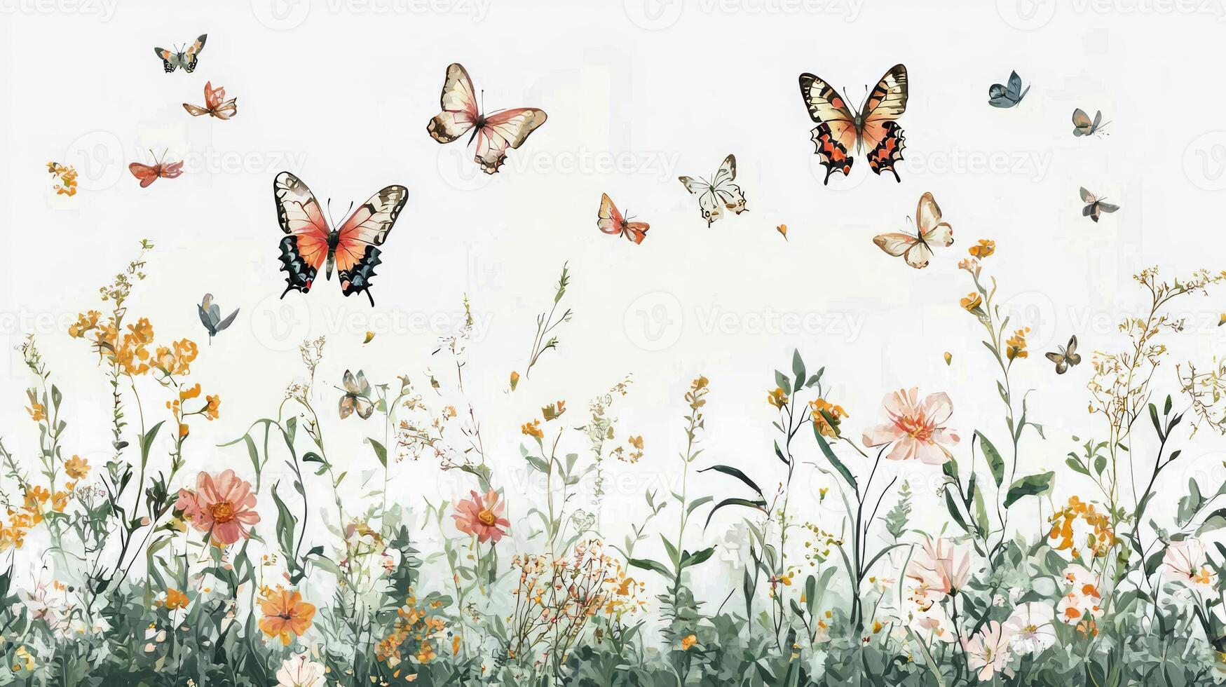 A painting of butterflies flying over flowers photo