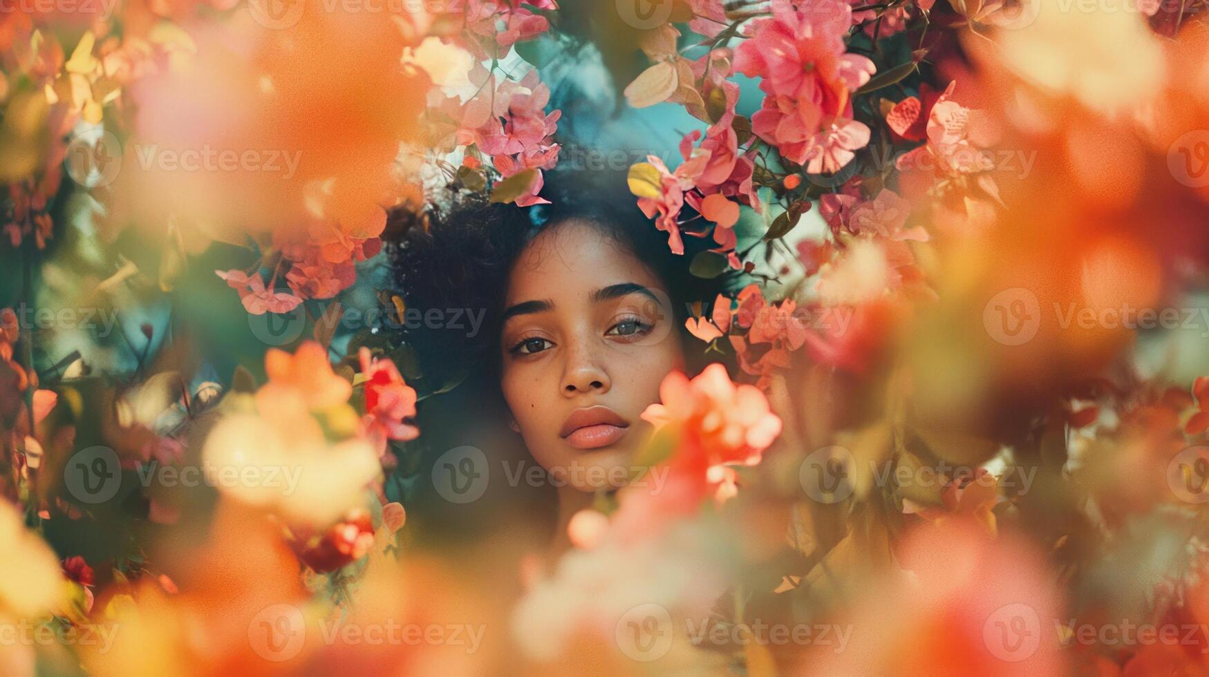 A woman is surrounded by colorful flowers photo