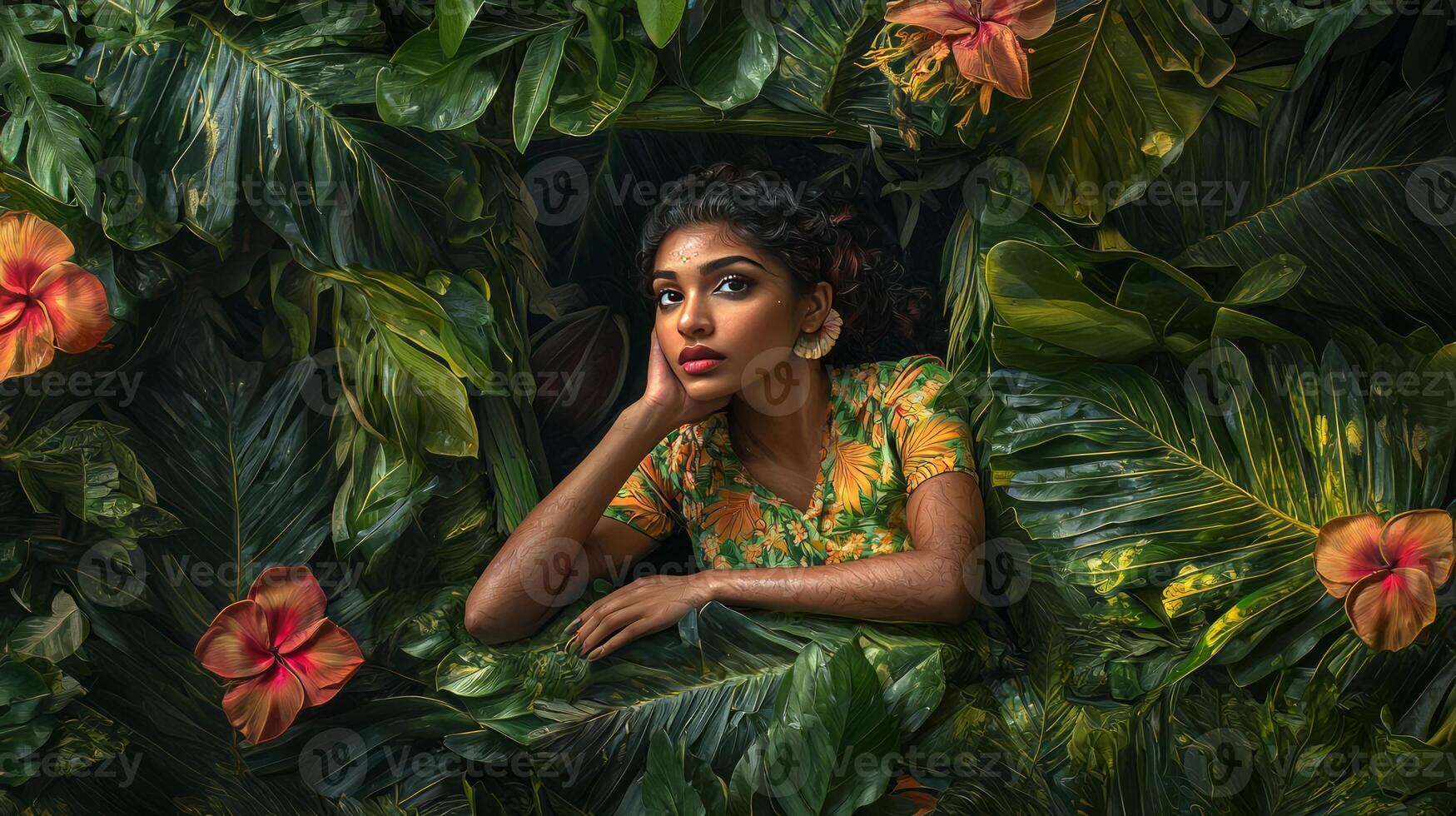 A woman in a tropical setting with flowers and leaves photo