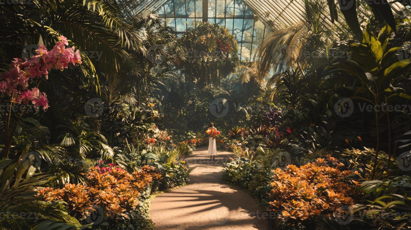 A walkway through a tropical garden with flowers photo