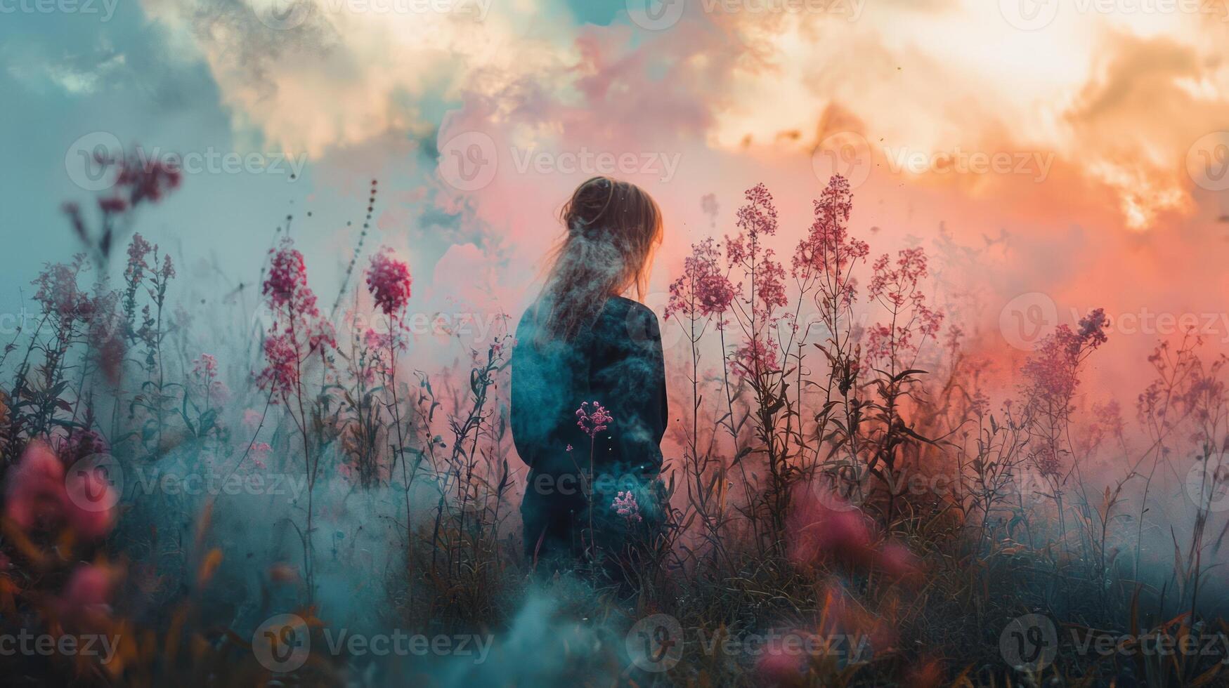 A woman standing in a field of pink flowers photo