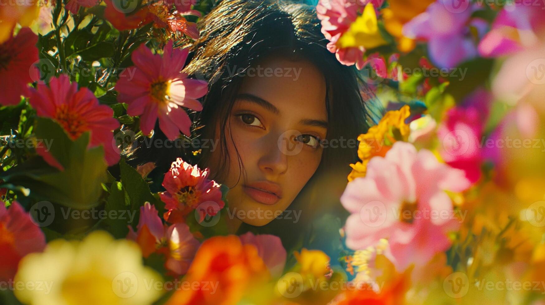 A woman is surrounded by flowers photo