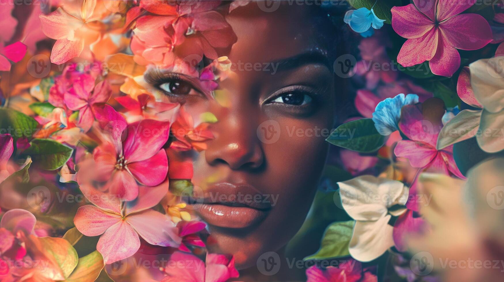 A woman with flowers in her face photo