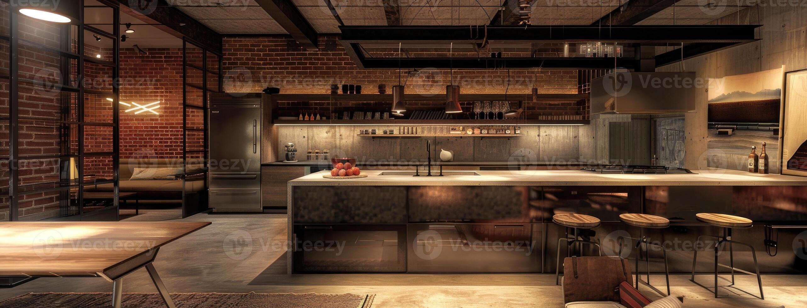 An industrial kitchen with a bar and a table photo