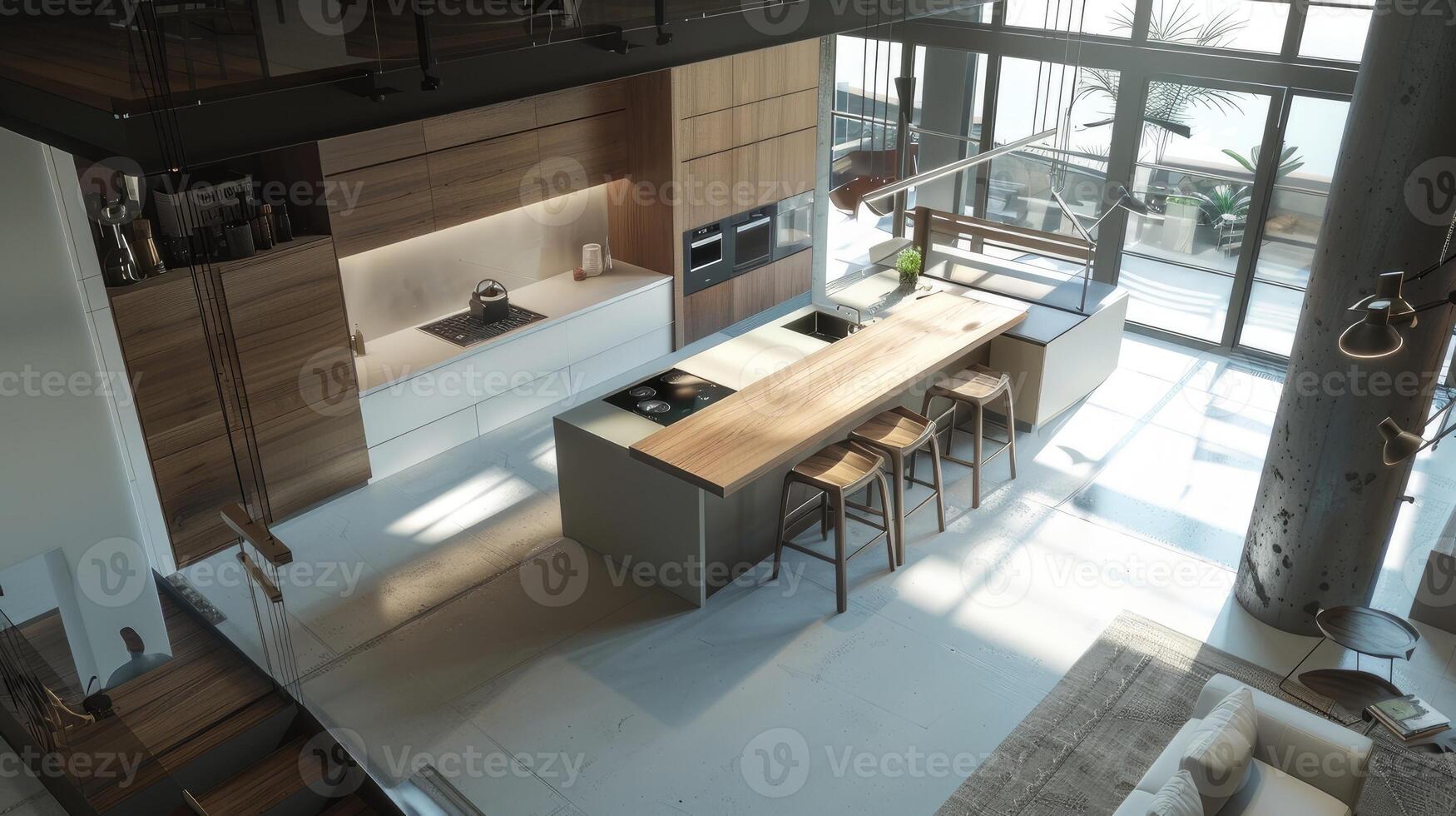A modern kitchen with a large island and a large dining area photo