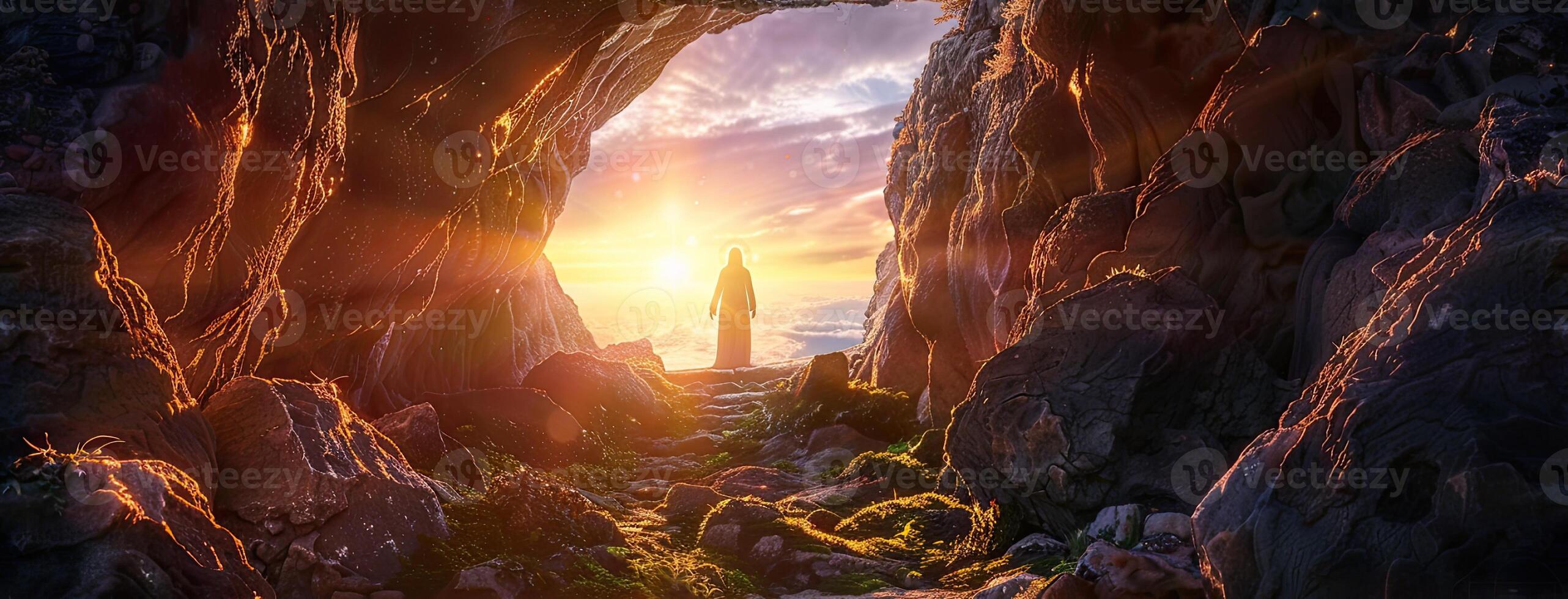 The sun is shining through a cave at the end of a rocky path photo