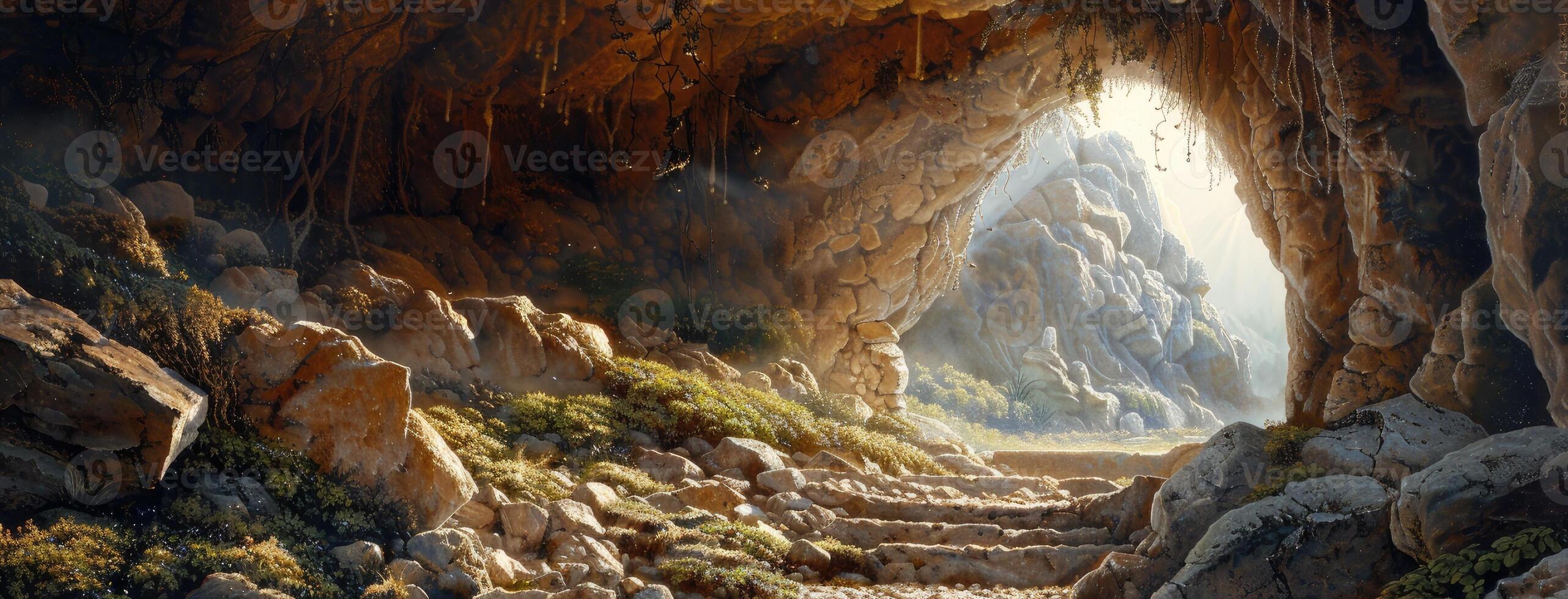 A painting of a cave with steps leading to the light photo