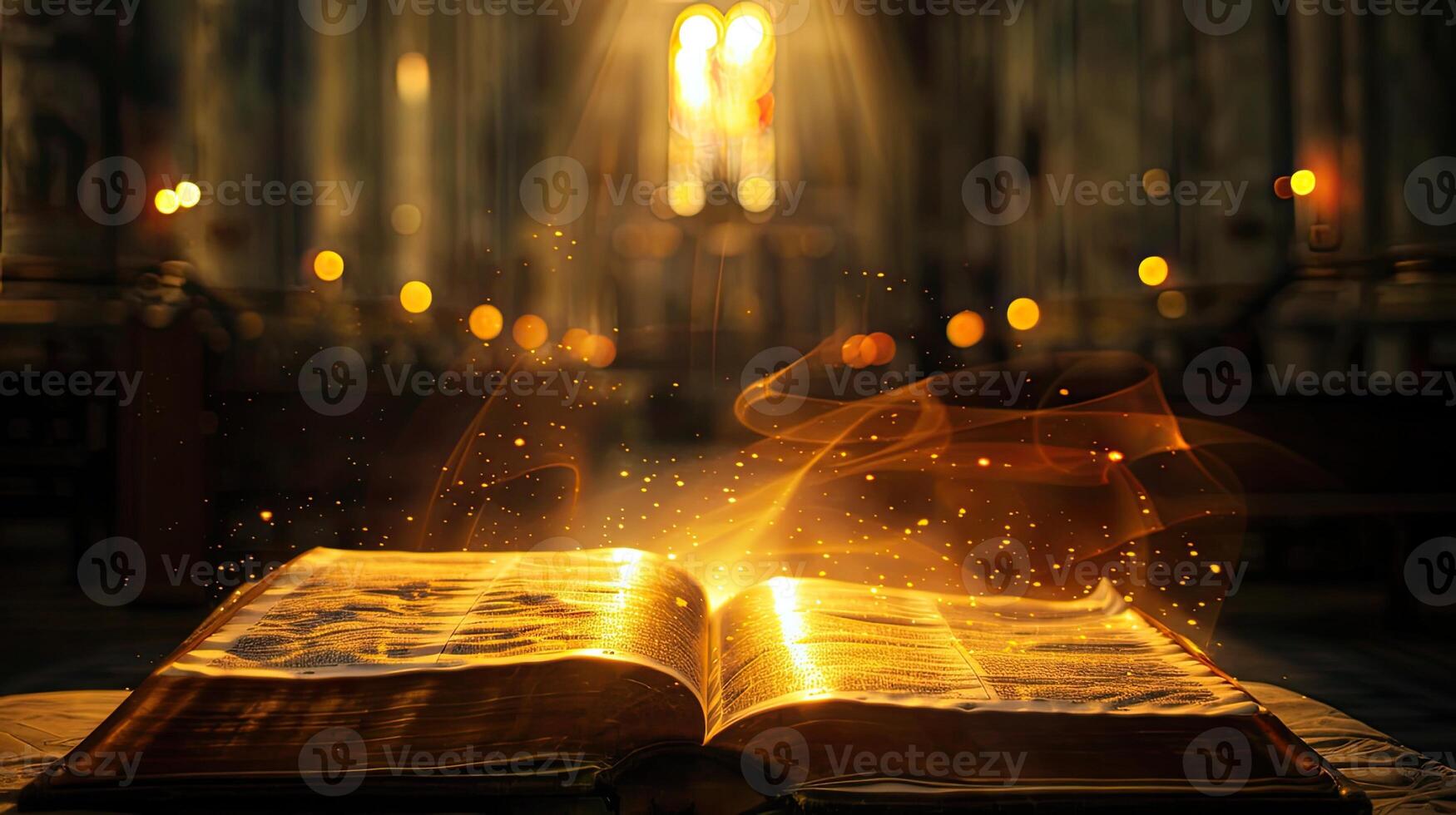 An open book with glowing light coming from it photo