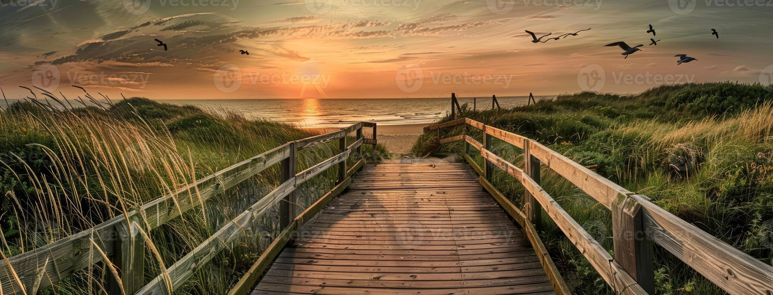 A wooden boardwalk leads to the beach at sunset photo