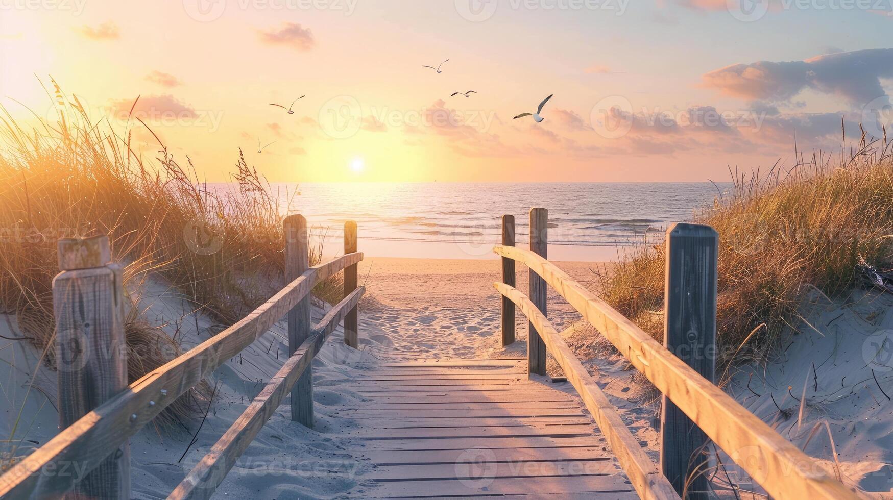 Wooden walkway leading to the beach at sunset photo