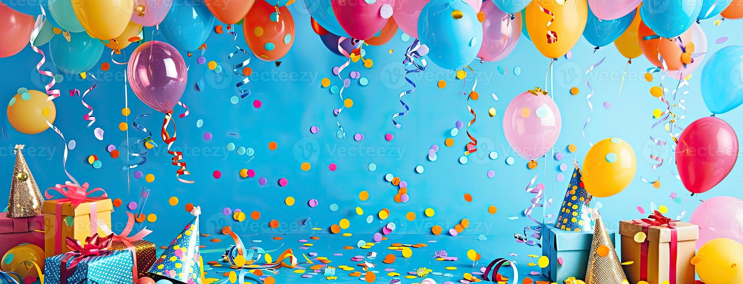 Birthday backdrop with balloons and confetti photo