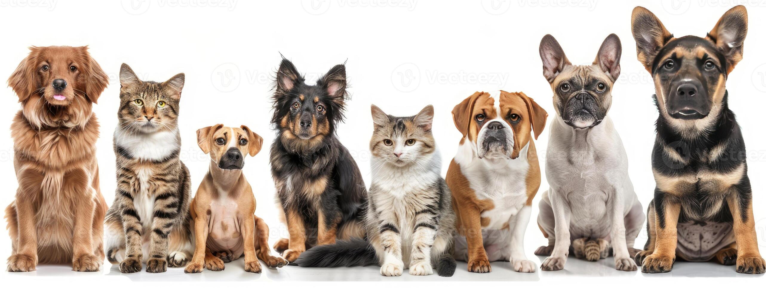 Many different types of dogs and cats are standing together photo