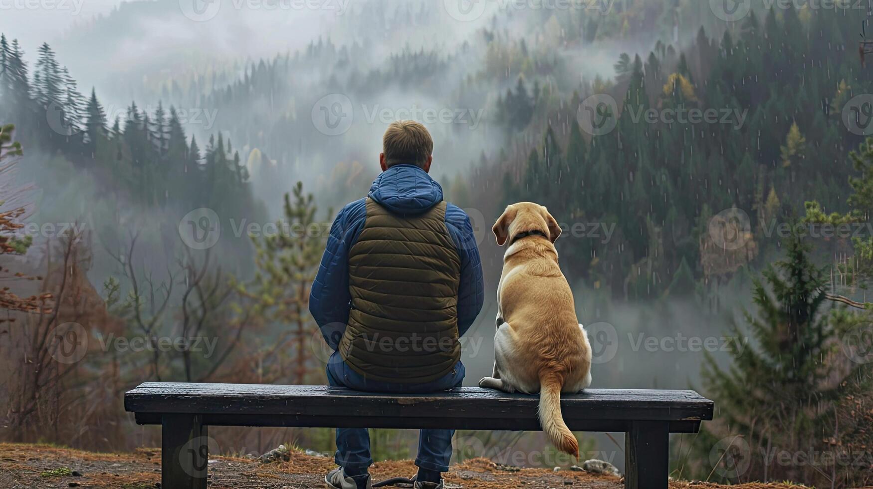 A man and his dog sitting on a bench overlooking a forest photo