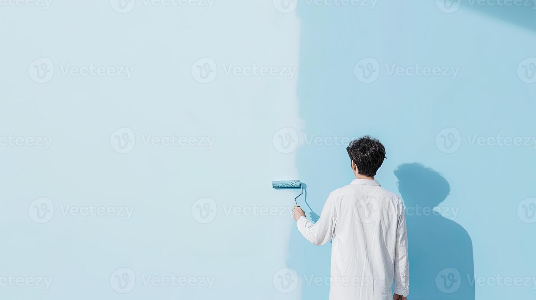 A man is painting a blue wall with a paint roller photo