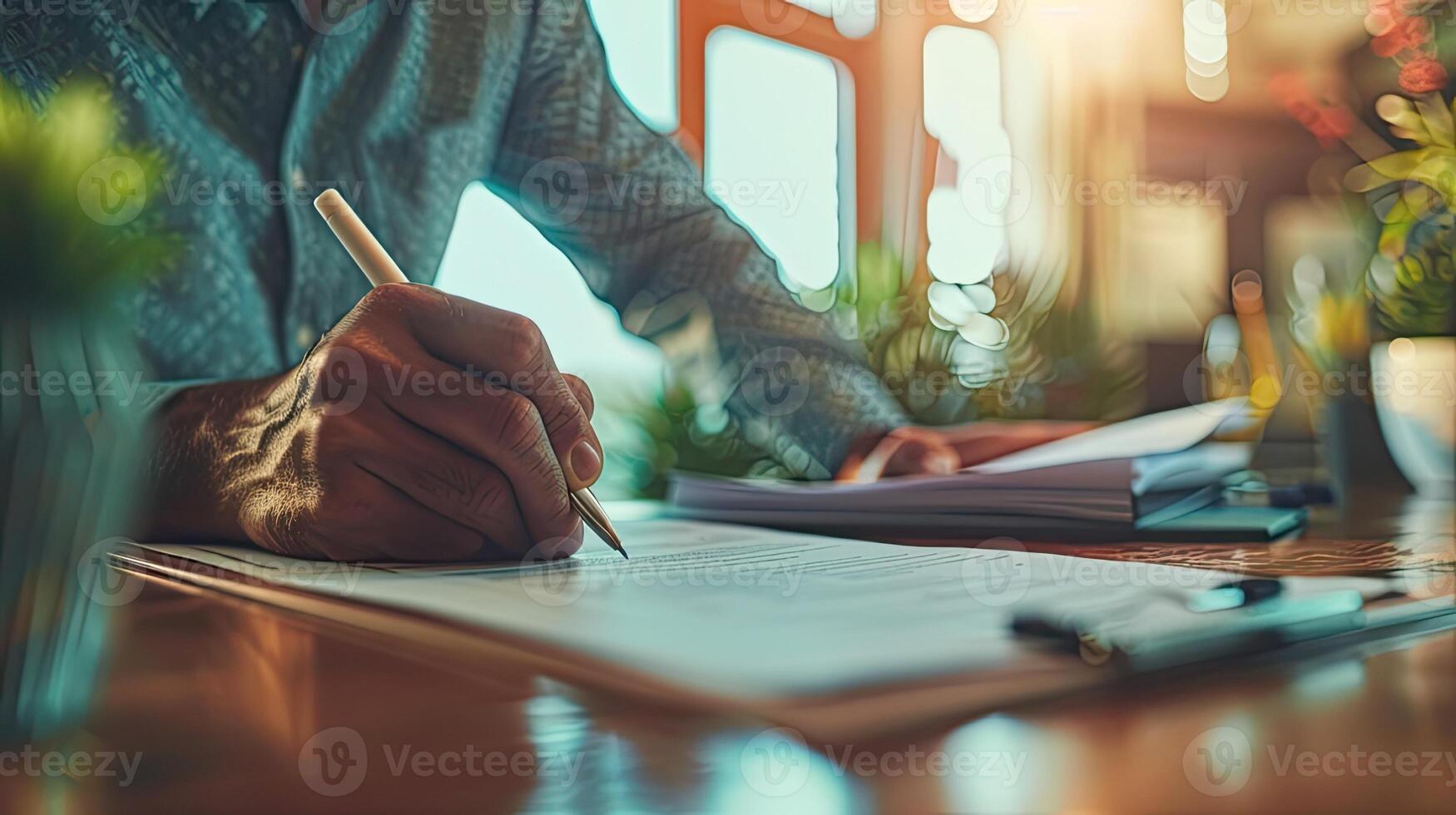 Man writing on paper with pen photo