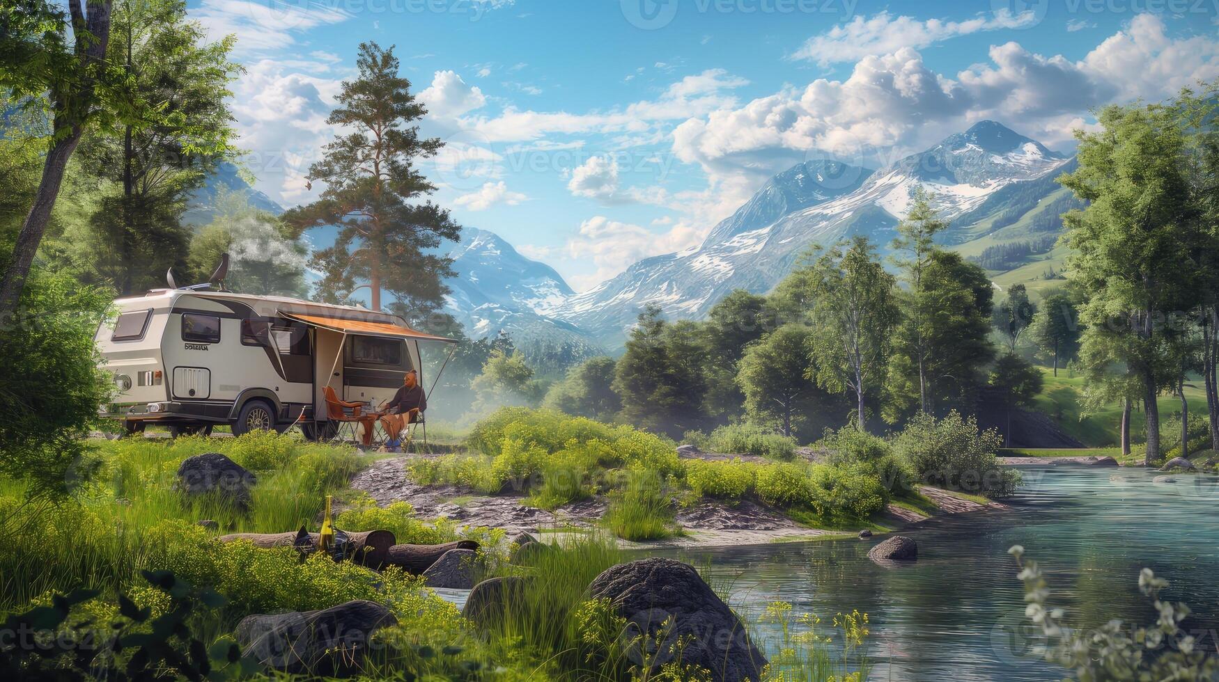A camper van parked near a river in the mountains photo