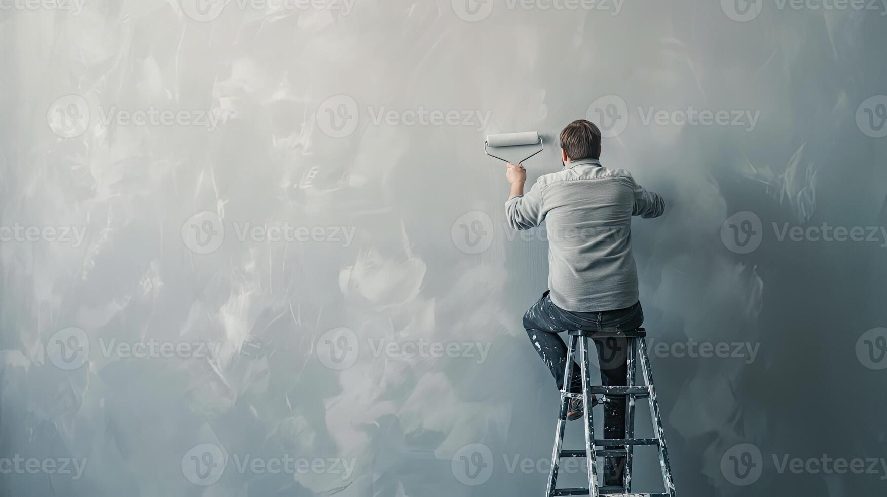 A man is painting a wall with a paint roller photo